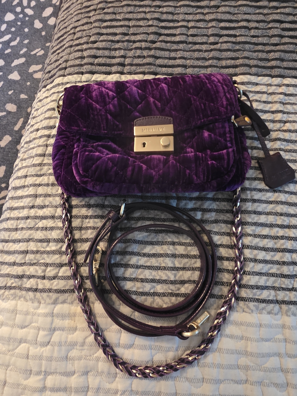 Mz Wallace Purple Quilted Velvet Crossbody Bag